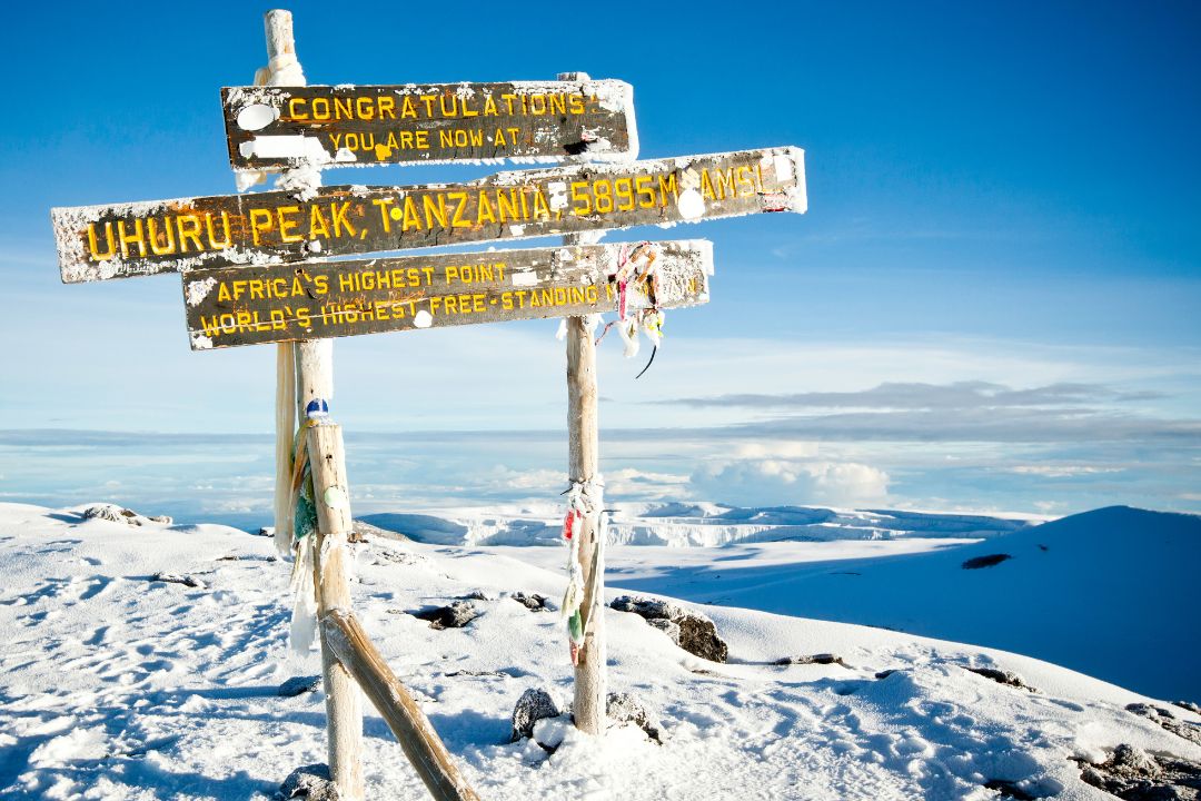 Trekkers approaching Uhuru Peak on Mount Kilimanjaro